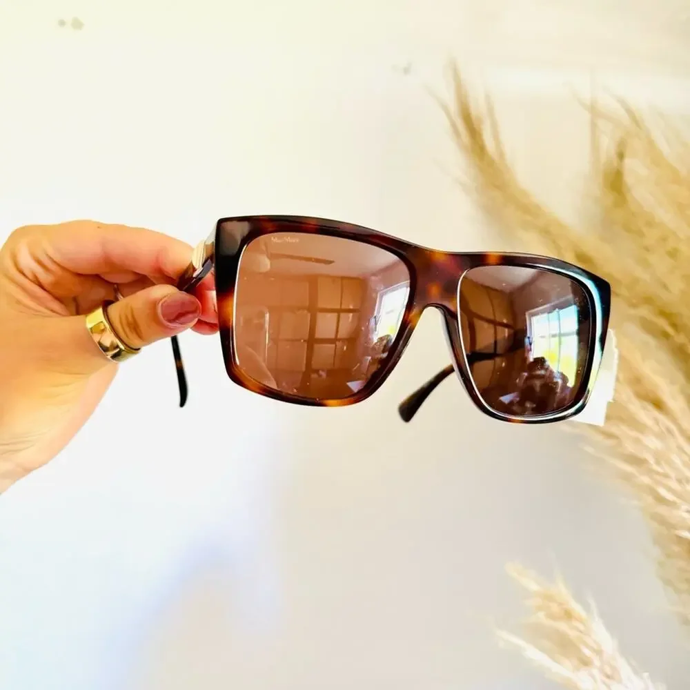 NEW MAXMARA Prism Oversized Tortoiseshell Brown Square Gold Stud Sunglasses Case